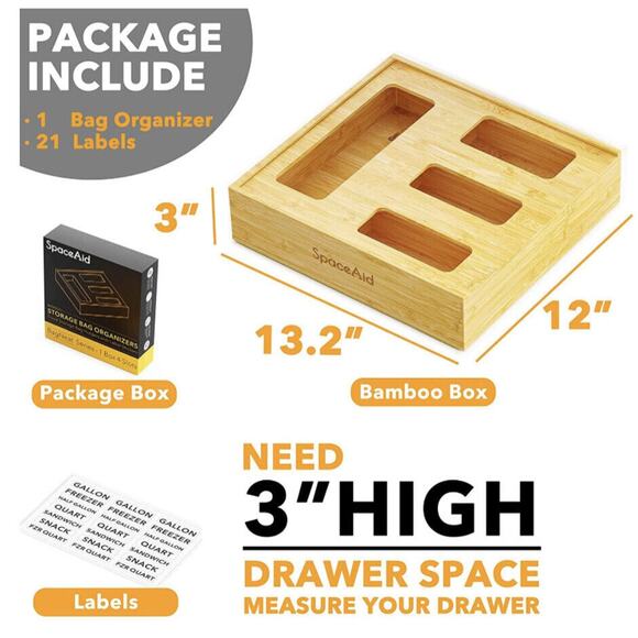 SpaceAid Bamboo Bag Organizer for Kitchen Drawer 13x12x3 Gently Used - Picture 13 of 14